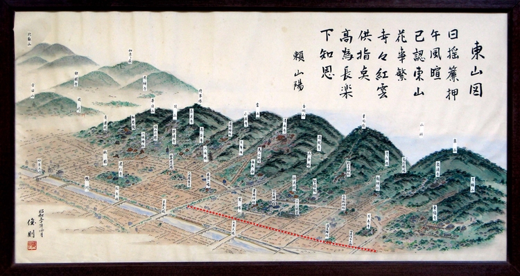 東山地区の鳥瞰図…赤い点線が本町通りです。手前の川が鴨川です。クリックすると拡大します。